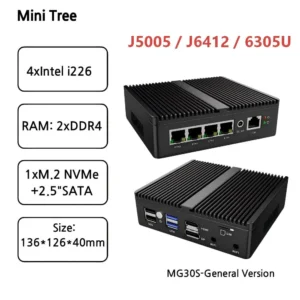 Fanless Mini Firewall PC 4x Intel I226 2.5G LAN Celeron J5005 J6412 7305 Compact Industrial Computer Home Theater Office PC 4G